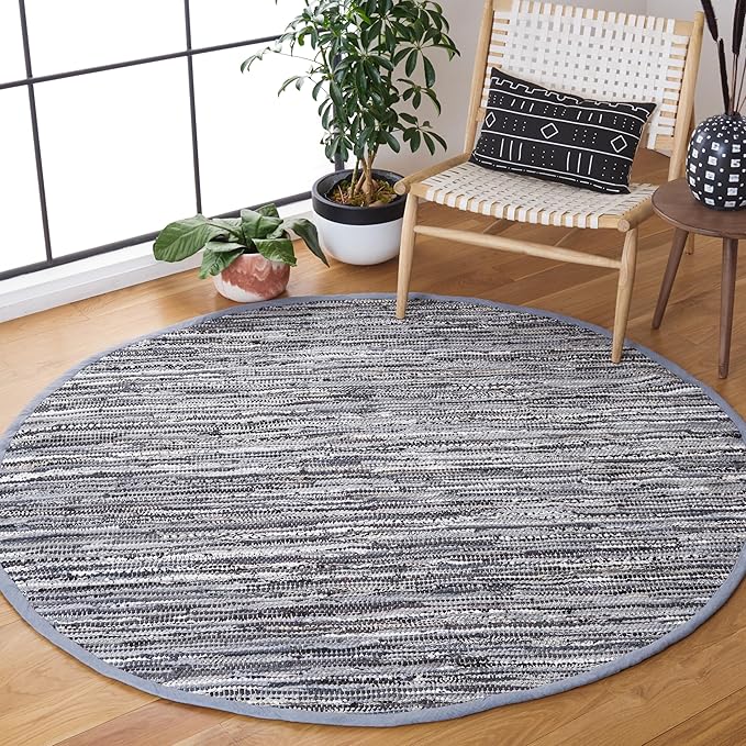 SAFAVIEH Rag Rug Collection Area Rug - 6' Round, Grey, Handmade Boho Stripe Cotton, Ideal for High Traffic Areas in Living Room, Bedroom (RAR128A)