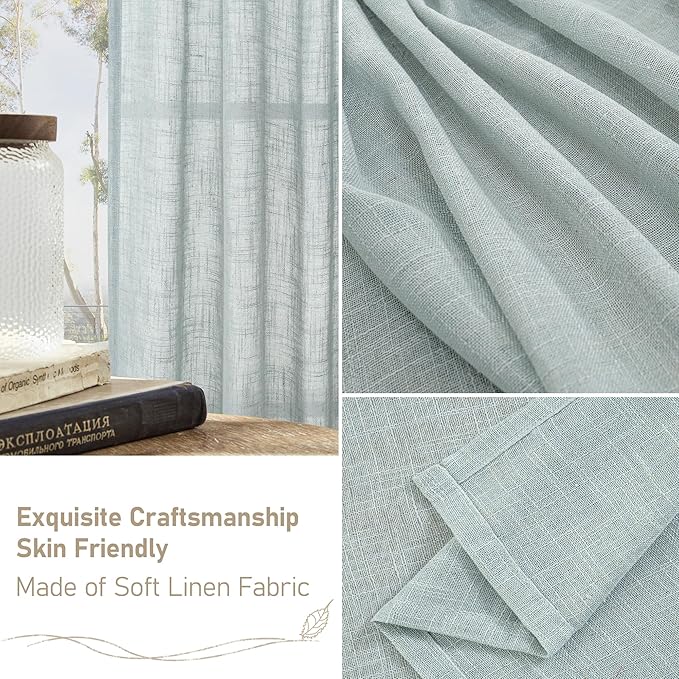 LAMIT Living Room Linen Curtains 95 Inch for Bedroom, Back Tab and Rod Pocket Linen Textured Sheer Panels Light Filtering Burlap Drapes for Farmhouse, 2 Panels, 52 x 95 Inch, Greyish Blue