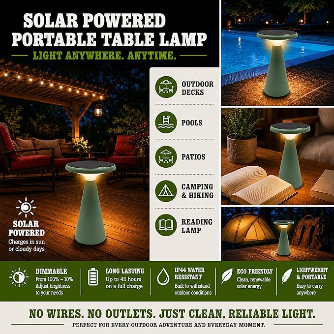 Portable Solar Powered Mushroom LED Table Lamp - Indoor/Outdoor Use - Stepless Dimming - Up to 45 Hour Rechargeable Battery - 1.6W, 160 lumens, 2700K - IP44 Weather Resistant - Green