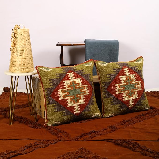 Trade Star 70% Jute 30% Wool Handloomed Cushion Cases Set of 2 Throw Pillow Covers Kilim Cushion Covers Handwoven Pillowcase Beautiful Pillow Shams for Home Decor (Kilim 4)