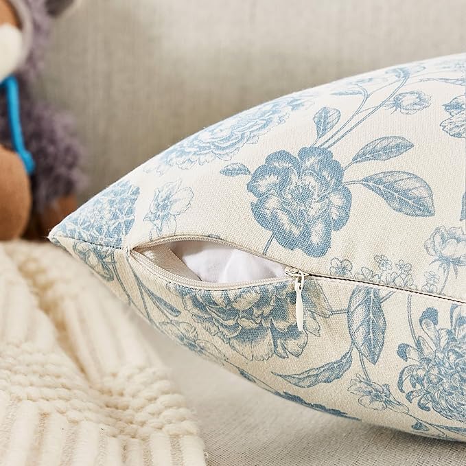 100% Cotton Botanical Throw Pillow Covers Set of 2, 18x18 Inch Light Blue, Farmhouse Double-Sided Floral Print Decorative Cushion Covers Pillow Cases Boho Home Decor