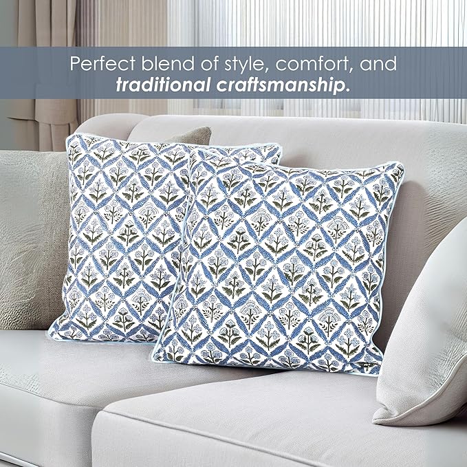 SheetKart Cotton Throw Pillow Covers - Set of 2 - Hand Block Cotton Printed Boho Decorative Pillow Covers - Cushion Covers for Living Room, Bohemian Theme, 16x16 Inches, Floral Blue