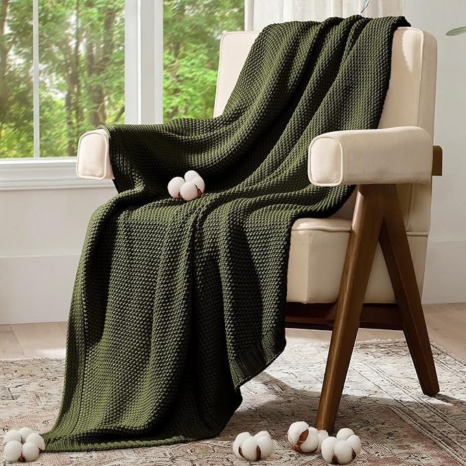 100% Cotton Cable Knit Throw Blanket, Lightweight Soft Knit Blanket for Sofa Couch Bed, Breathable All-Season Throw, Cozy Decorative Blanket, 50 x 60 Inch,Olive Green