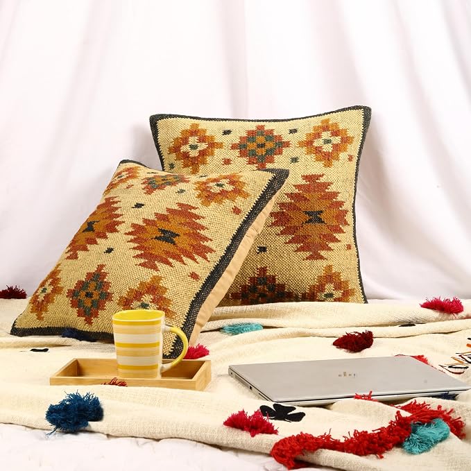 Trade Star Set of 2 Kilim Handwoven Pillowcases Southwestern Cushion Cover 18x18 Inches Designer 70% Jute 30% Wool Cushion Cover Throw Pillow Cover Handloomed Rug Decorative Cushion case (Kilim 15)