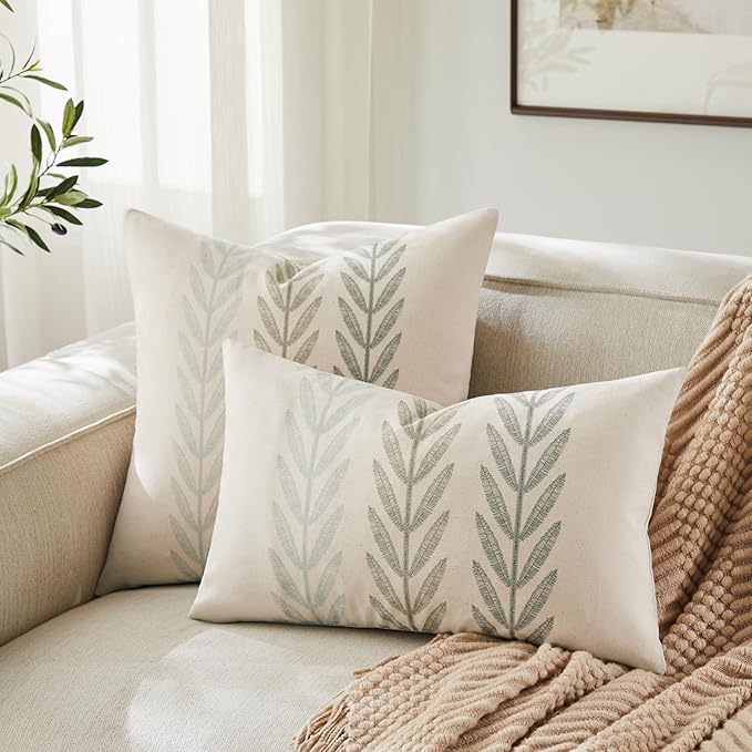 100% Cotton Farmhouse Leaves Lumbar Throw Pillow Covers Set of 2, 12x20 Inch Mixed Green Pastoral Decorative Print Cushion Covers for Sofa Bed Living Room Home Decor