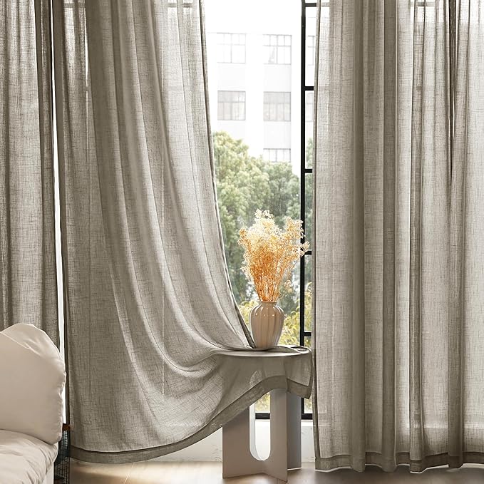 Taupe Linen Curtains 108 Inches Long for Living Room Back Tab Rustic Farmhouse Semi Sheer Light Filtering Window Curtain Dining Room Soft Thick Flax Textured Drapes Burlywood Birch Dark Brown