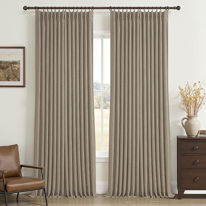Memory Trained Pinch Pleated Tall Nursery Curtains 102 Inches Long, Blackout Oak Taupe Linen Blend Sound Dampening Thermal Windows Curtain Oatmeal Farmhouse Dining Room Drapes 40"W x 102"L x 2 Panels