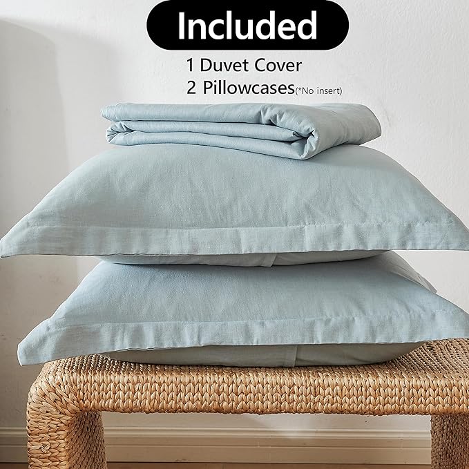 FALUCA French Linen Blend Duvet Cover Set 3Pcs Queen (88"x92") - Soft, Breathable, Cooling Farmhouse Bedding for Hot Sleeper (Queen, Cornflower Blue/Dusty Blue/Solid Sky Blue)