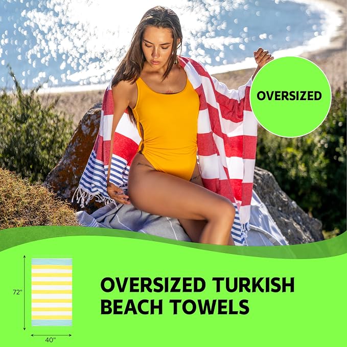 HAVLULAND Turkish Beach Towels, Oversized 40"x72" Turkish Bath Towel, Highly Absorbent Quick Dry Sand Free Beach Towels for Beach Pool Spa Gym Yoga Travel Camping Picnic Blanket - Green/Navy