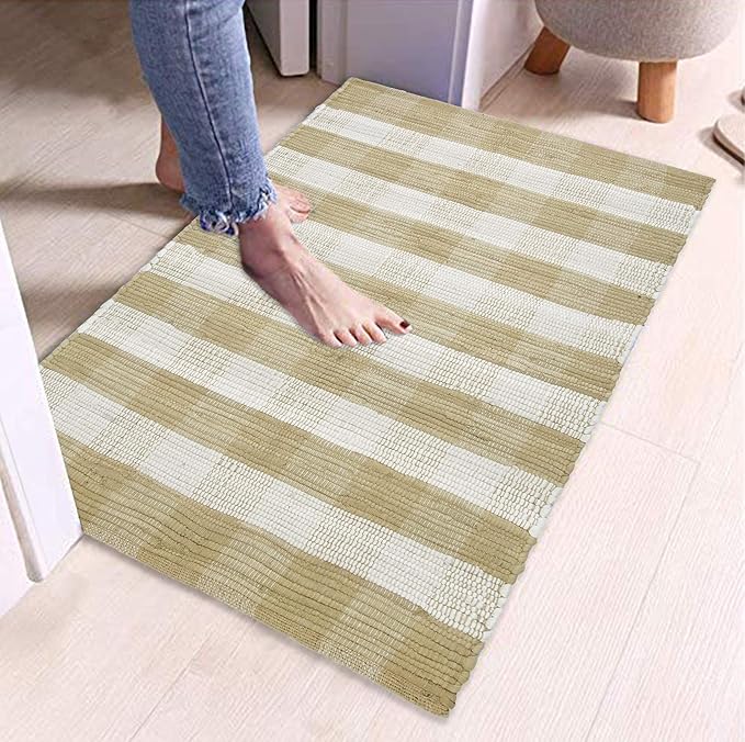 GLAMBURG Cotton Buffalo Check Plaid Rug, Washable Handwoven Checkered Rug, 22x34, Beige Natural, Kitchen Bathroom Outdoor Porch Laundry Living Room, Farmhouse Reversible Rag Rug