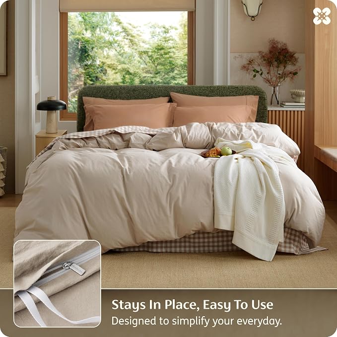 Bedsure Duvet Cover Queen Size - 100% Washed Cotton, Linen-Like Minimalist Bedding - PureWoven Plain Soft Comforter Cover for All Seasons, 1 Duvet Cover Only (Oatmeal, 90" x 90")