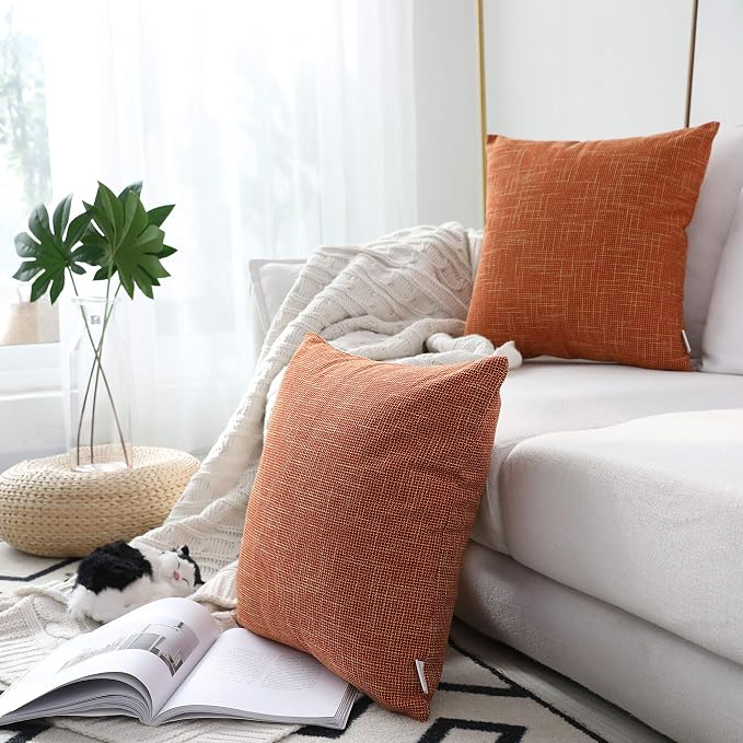 Kevin Textile Fall Pillow Covers Faux Linen Square 2 Tone Woven Autumn Throw Pillow Sham Cushion Case Covers for Car/Couch Use, 24-inch(2 Pack, Orange)