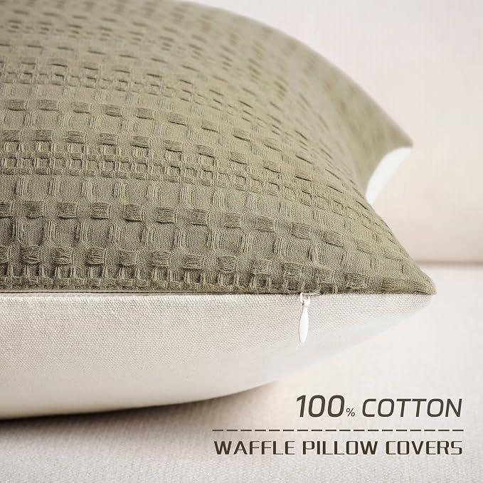 ZeeMart 100% Cotton Waffle Textured Throw Pillow Covers Set of 2, 22x22 Inch Khaki Green, Soft Farmhouse Decorative Couch Pillow Cases Green Cushion Covers for Sofa Bed Living Room Home Decor