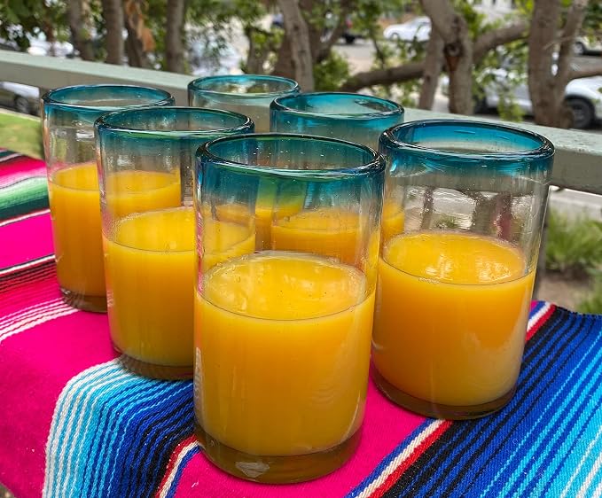 Dos Sueños Hand Blown Mexican Drinking Glasses – Set of 6 Glasses with Aqua Rims (14 oz each)
