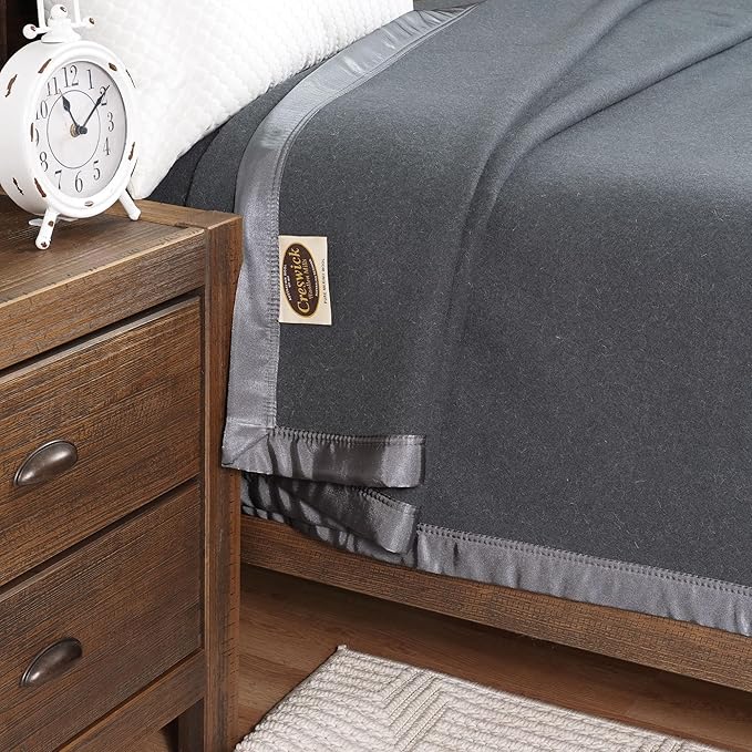 Creswick Woollen Mills 100% Australian Merino Wool Blanket – Soft Warm and Natural with Satin Binding, Breathable Luxury Bedding for All Seasons, (Charcoal, Throw)