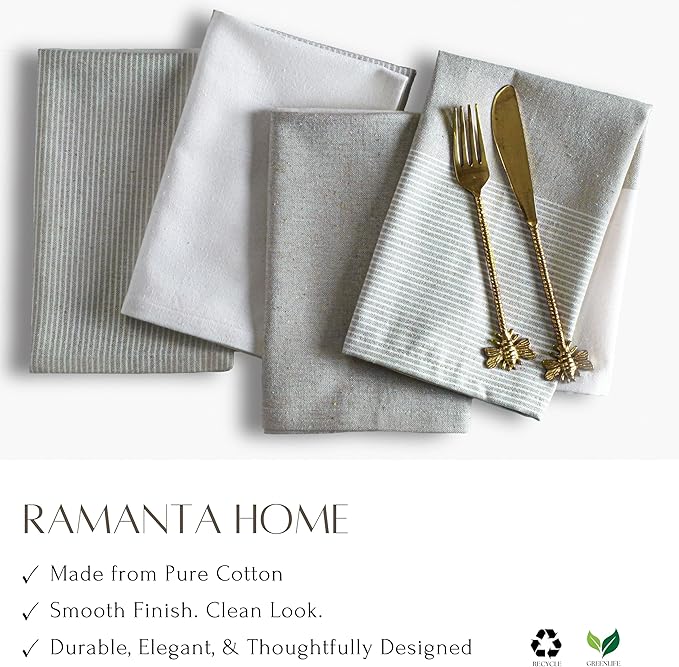 Ramanta Home Cloth Napkins Set of 12 Taupe 18x18 Inches - Spring Basket Decor Block Striped Dinner Napkins for Easter Farmhouse Wedding, Washable Soft Cotton Durable Table Linen for Everyday Use