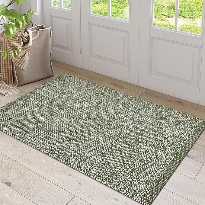 LEEVAN Washable Kitchen Rugs 3x5, Green Bedroom Rug, Cotton Woven Entryway Rug, Modern Braided Door Mat, Farmhouse Living Room Rugs, Reversible Carpet for Laundry Room Front Porch Outdoor Doormat