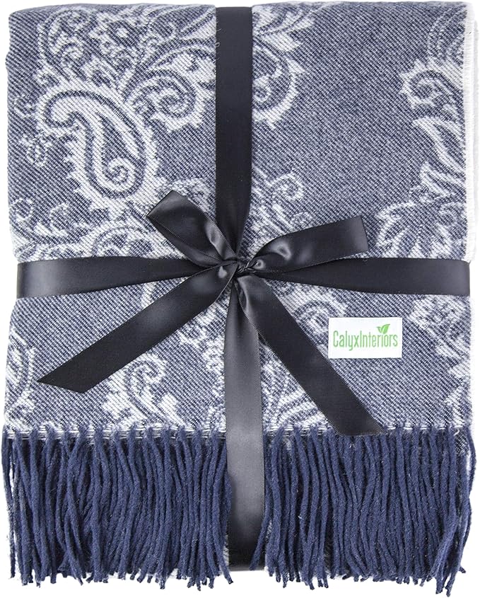 Calyx Interiors Wool Throw Blanket – 50 x 60in Lambswool Throw Blanket with Tassels – Soft and Warm Thick Wool Throw – Throw Blanket for Couch, Bed, Sofa – Warm Blanket for Winter (Navy/Gray)