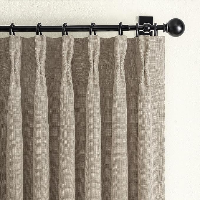 Greyish Beige Extra Long Black Out 108 Inch Curtains for Bedroom, Modern Pinch Pleated Textured Linen Light Blocking Window Drapes 2 Panels Set with Hooks Rings for Dining Room 9 FT Taupe Large Burg