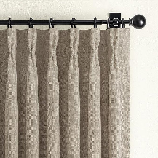 Greyish Beige Extra Long Black Out 108 Inch Curtains for Bedroom, Modern Pinch Pleated Textured Linen Light Blocking Window Drapes 2 Panels Set with Hooks Rings for Dining Room 9 FT Taupe Large Burg