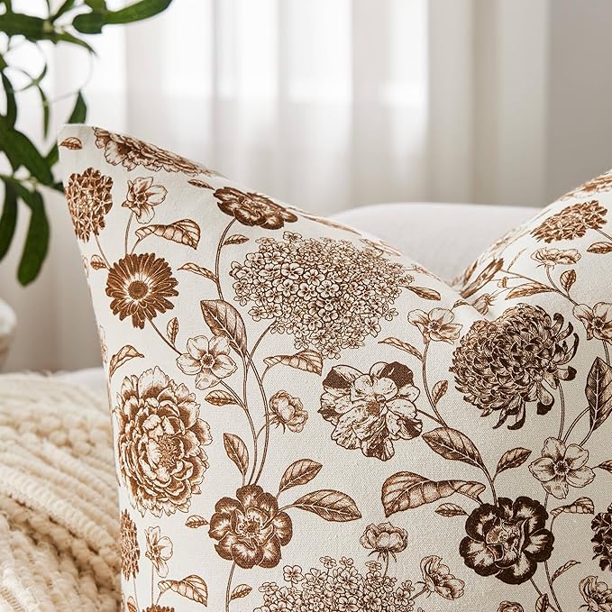 100% Cotton Botanical Throw Pillow Covers Set of 2, 20x20 Inch Brown, Farmhouse Double-Sided Floral Print Decorative Cushion Covers Pillow Cases Boho Home Decor