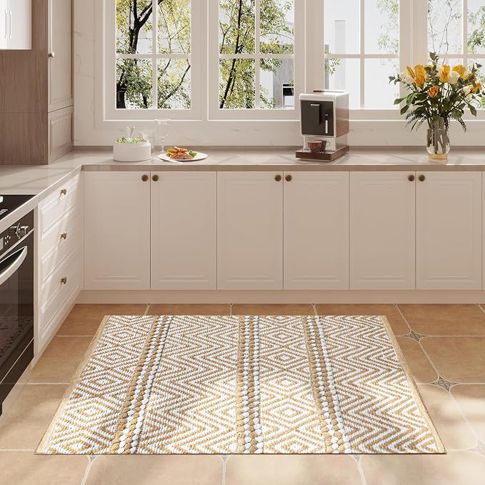 Bedding Craft Jute Cotton Stripe Area Rug for Living Room 24x36 Inch - Natural Ivory - Machine Washable 2x3 Feet Rugs - 70% Jute and 30% Cotton