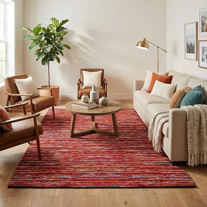 Cotton Chindi Rag Area Rug 8x10 Feet - Multi, Handwoven Boho Farmhouse Floor Rug, Reversible Multi-Color Woven Carpet for Living Room, Bedroom, Dining Room, Office | Large Home Décor Patio Mat