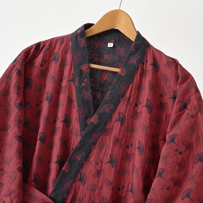 100% Cotton Gauze Ginkgo Leaf Kimono Robe, Long Knit Loose Bathrobe Nightgown Ladies Loungewear Sleepwear for Women