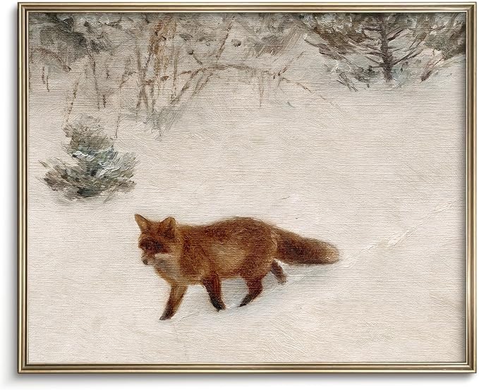 Vodefoad Vintage Fox in the Snow Winter Print Fox in Winter Christmas Retro Landscape Oil Painting Antique Winter Landscape Watercolor Animal Picture Aesthetic for Bedroom Bathroom Living Room Christmas Decor Painting Holiday Art - 8x10Inch Unframe