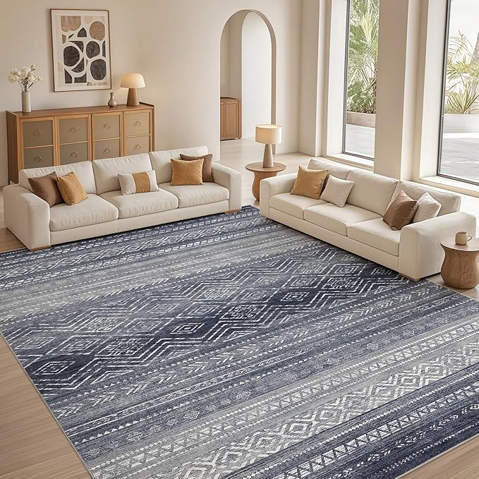 Tortania Area Rug Living Room Rugs- 10x12 Washable Large Soft Neutral Boho Moroccan Bohemian Farmhouse Rug Indoor Floor Carpet for Bedroom Under Dining Table Home Office Decor - Blue Gray