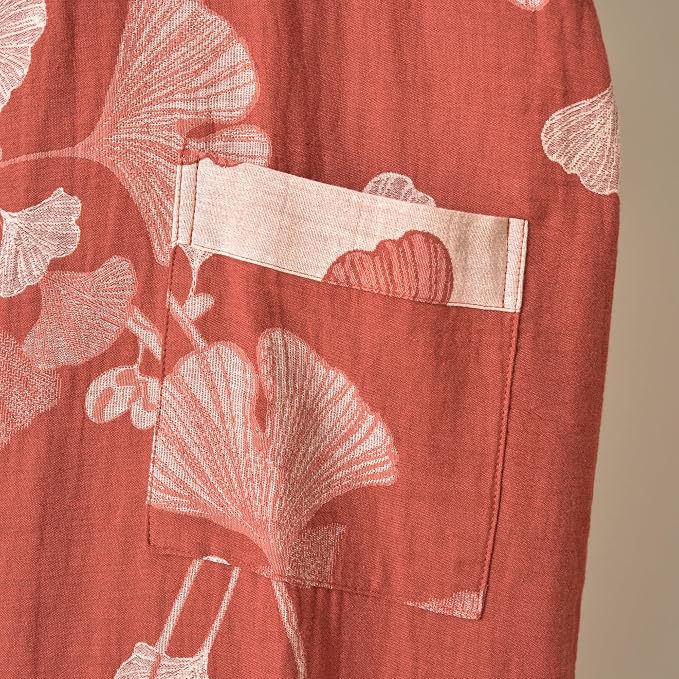 100% Cotton Gauze Ginkgo Leaf Kimono Robe, Long Knit Loose Bathrobe Nightgown Ladies Loungewear Sleepwear for Women