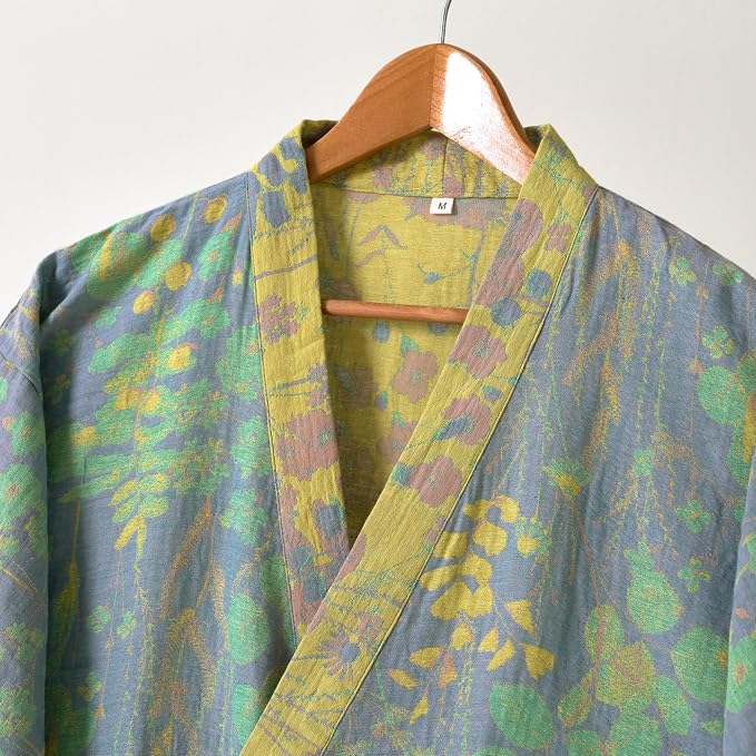 100% Cotton Gauze Ginkgo Leaf Kimono Robe, Long Knit Loose Bathrobe Nightgown Ladies Loungewear Sleepwear for Women