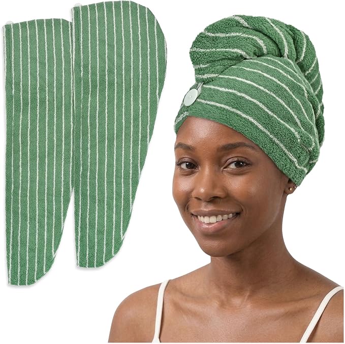 Jacquotha Cotton Hair Towels (Green Striped), 2 Pack Hair Turban | Soft Quick Dry Hair Wrap Towels for Women Long Curly Hair, Shower Bathroom Salon Spa Travel Pool, 25" x 9.5"