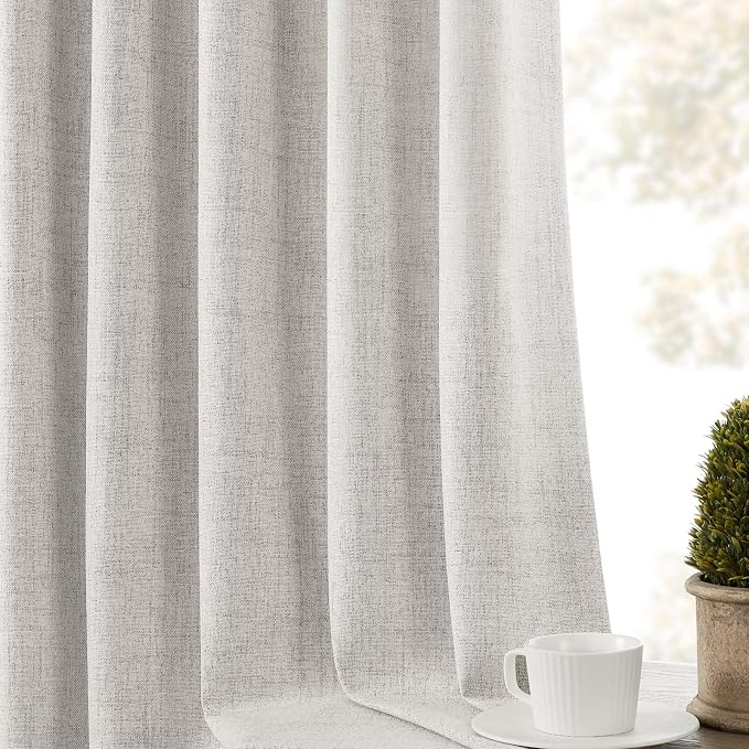 CUCRAF Linen 100% Blackout Curtains 90 Inch Length 2 Panels Set, Back Tab and Rod Pocket Curtain for Living Room Bedroom, Room Darkening Window Drapes Thermal Insulated, (52x90 inch, Greyish White)