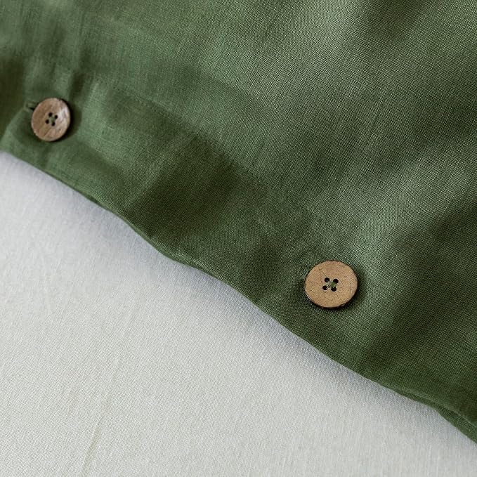 EVERLY 100% Pure Linen Duvet Cover Set Twin Size 68X90Inch 3pcs (1 Duvet Cover,1Pillowcases) Soft and Breathable for All Season with Coconut Button Closure, Suitable for Hot Sleepers-Mossy Green