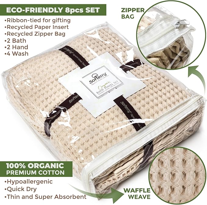 Softerry European Waffle Weave Bath Towel Set of 8-100% Organic Cotton - Quick Dry Lint Free Thin and Absorbent - Fade Resistant - Eco-Friendly (Natural)