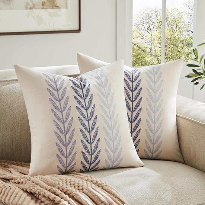 100% Cotton Farmhouse Leaves Throw Pillow Covers Set of 2, 20x20 Inch Mixed Blue Pastoral Decorative Print Cushion Covers for Sofa Bed Living Room Home Decor