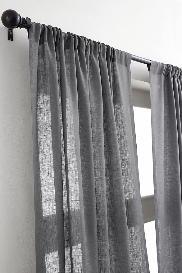 Solino Home European Flax Linen Sheer Curtain 144 Inches Long, 100% Pure Linen Charcoal 52 x 144 Inch Long Light Filtering Rod Pocket Window Curtains Panel for Living Room, Bedroom - 1 Panel