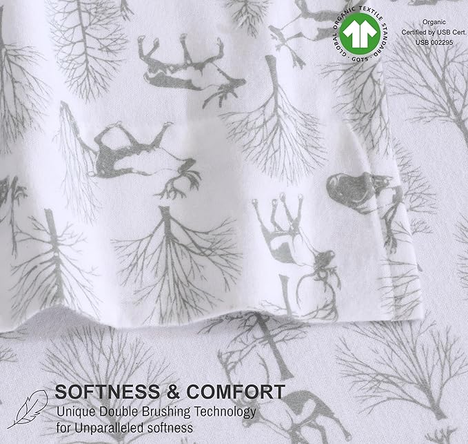 RUVANTI Flannel Sheets Full Size - GOTS Certified 100% Organic Cotton, 4 Piece Warm, Soft & Breathable Set, Deep Pocket Snug Fit, Double Brushed Cozy All Season Bedding, Reindeer Rush