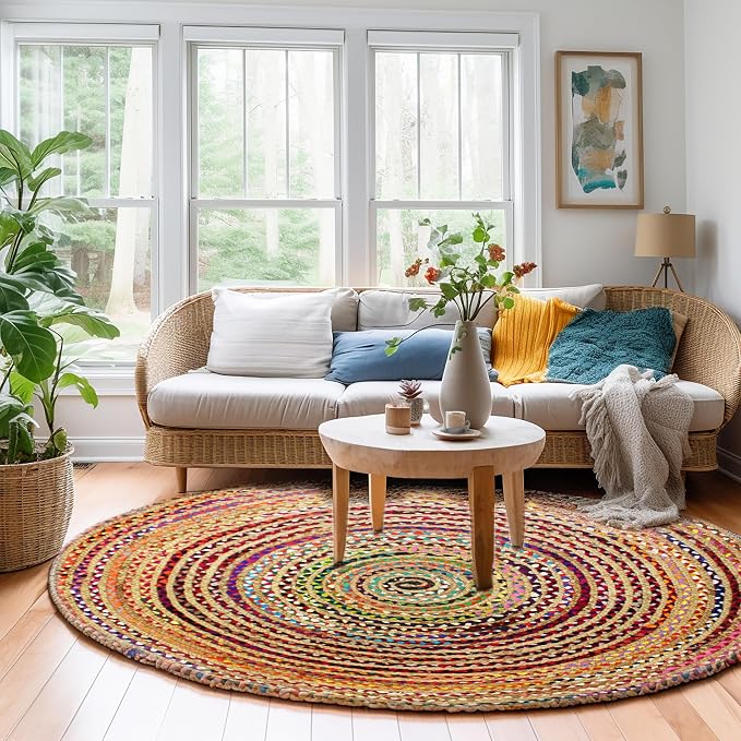 COTTON CRAFT Jute Cotton Chindi Braid Rag Rug - Boho Farmhouse Rustic - Handwoven Reversible Natural Jute and Recycled Cotton Throw Area Rug Carpet - Home Décor - 7 Feet Round - Multi Color