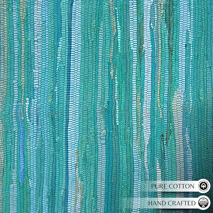 Ramanta Home Hand Woven 100% Cotton Chindi Rag Rug 2'x3' - Teal, Recycled Reversible Rug, Boho Farmhouse Rugs for Living Room, Dinning Room, Kitchen, Entryway, Bedroom Rugs - 24"x36"