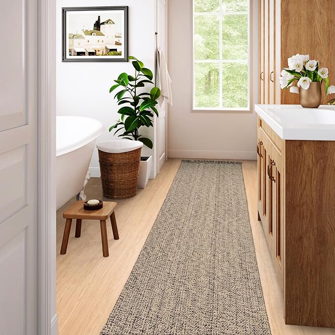 Collive Long Carpet Runners for Hallways 2.6x8ft, Washable Kitchen Rug Indoor Sink Rug, Natural/Black Woven Entryway Runner Rugs Low-Profile Front Door Floor Rug for Laundry Room Bedroom Outdoor Decor
