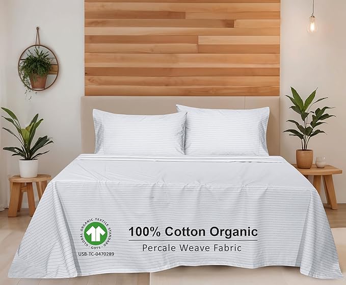 RUVANTI 100% Cotton Organic Percale Sheets Full Size – Crisp Cooling Bed Sheets for Hot Sleepers, Deep Pocket 15”, Soft Peach Finish, Breathable & Durable Hotel-Style 4 Pcs, Construction Line