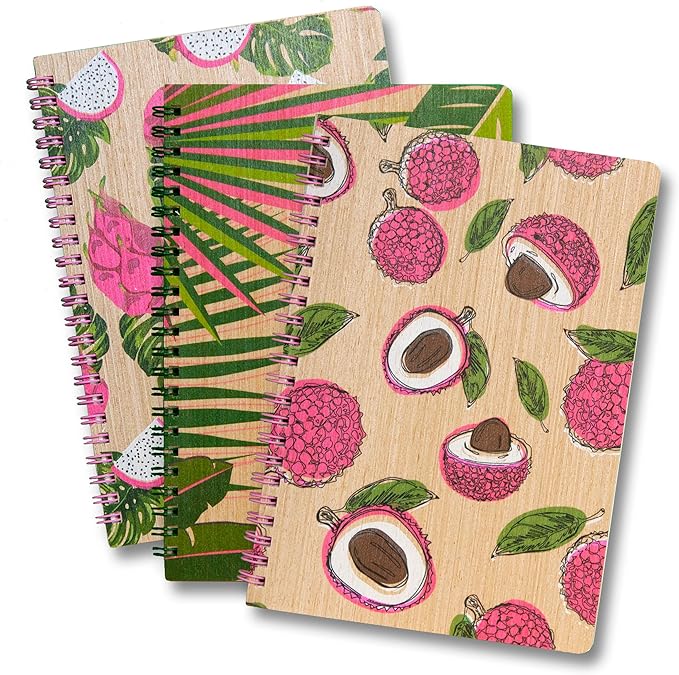 A5 Wooden Journal Set (3-Pack) – Eco-Friendly Notebooks with Dotted Pages | Spiral Bound, Nature-Inspired Designs | Ideal for Bullet Journaling, Writing & Sketching