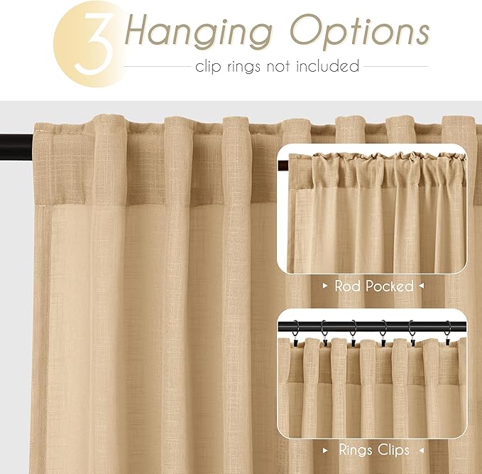 Tan Linen Curtains 102 Inches Long for Living Room Back Tab Rustic Farmhouse Semi Sheer Light Filtering Window Curtain Dining Room Soft Thick Flax Linen Textured Drapes Khaki 52x102