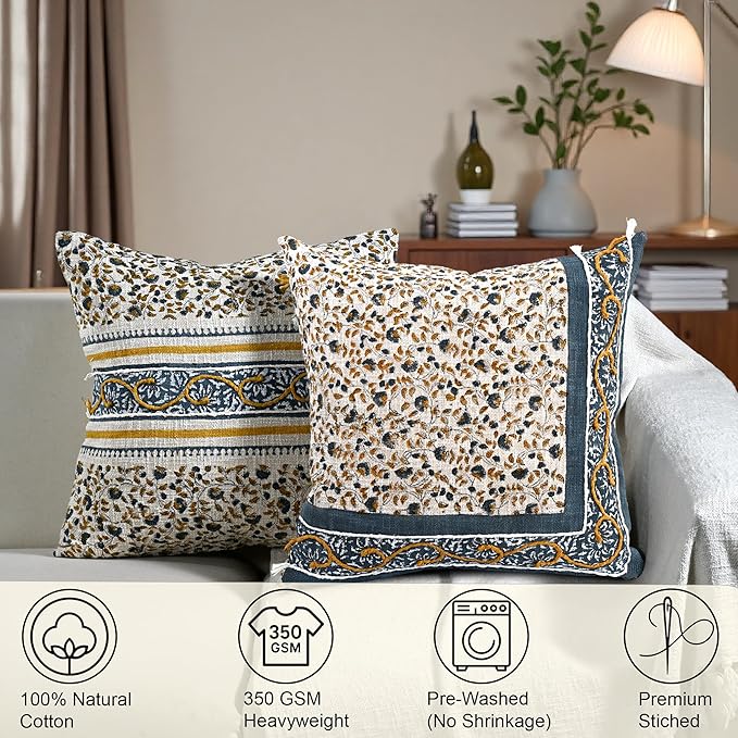 Ridhi Cream Mustard Blue Cotton Cushion Cover 18x18 Inch Decorative Throw Pillow Cover for Sofa, Living Room, Bedroom Decor, Soft, Cushion Case for Spring, Easter, Mother's Day