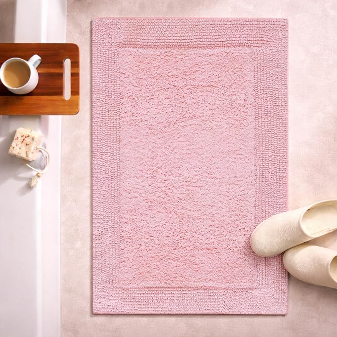 Bedding Craft Cotton Bath Mat Rug 21x34, Reversible Bathroom Rug, Water Absorbent, Machine Washable, Soft Cloth Bathmat for Outside Bathtub, Chalk Pink
