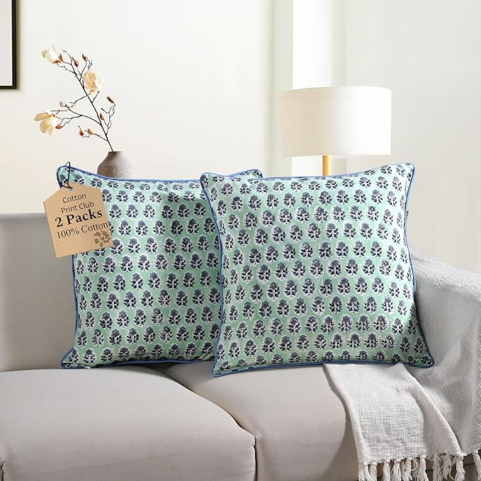 CPC 100% Cotton Throw Pillow Covers 18x18 Inch, Set of 2 Blue Block Print Pattern Couch Pillow, Cute Boho Decorative Pillows for Living Room, Bedroom with Hidden Zipper- Poppy Blue