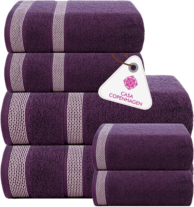 CASA COPENHAGEN Solitaire 6Pcs 100% Egyptian Cotton Large Designer Towels Gift Set- Lavender, 600GSM, 2Bath 2Hand 2Washcloths, Bath Towels for Bathroom (Box Pack, Gift Set for Women & Men)