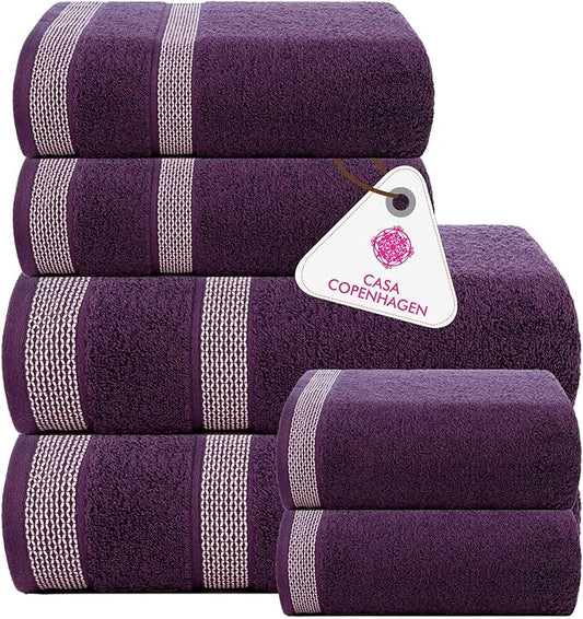 CASA COPENHAGEN Solitaire 6Pcs 100% Egyptian Cotton Large Designer Towels Gift Set- Lavender, 600GSM, 2Bath 2Hand 2Washcloths, Bath Towels for Bathroom (Box Pack, Gift Set for Women & Men)